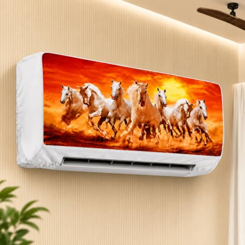 Image of Printed Split Ac Cover Indoor Unit For 1.5 Ton Capacity AC, Inner Unit Ac Cover, All Weather Cover /Attractive Digital Prints /Dustproof /Silken water-resistant Split Ac Cover ( Orange7Horses )