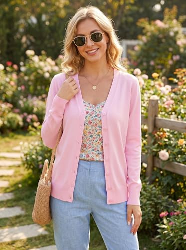 Image of VIISHOW Women Long Sleeve Button Down V Neck Lightweight Basic Knit Sweater Cardigan