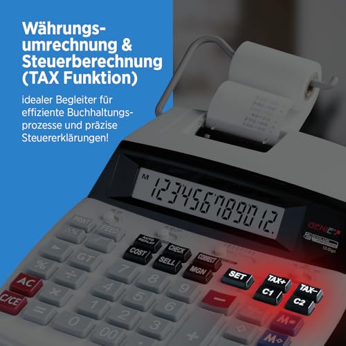 Genie D69 Plus Druckender Tischrechner | 12-stelliges LC-Display | Rechenmaschine mit Papierrolle | Quittung & Bondrucker | Taschenrechner mit Papierrolle | Viele Business-Funktionen | weiß