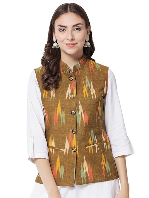 vastraa fusion Womens Ikat Printed Cotton Nehru Jacket-picture-14