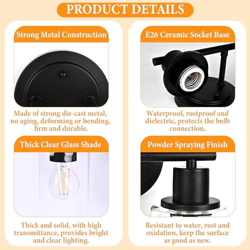 Image of 2-Light Bathroom Vanity Light Fixture Black Two Bulb Vanity Bathroom Lights Over Mirror, 2-Light Black Wall Sconce Over Sink