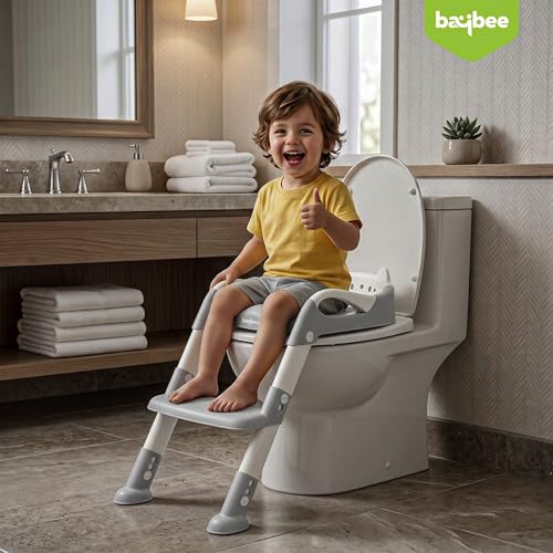 Image of Baybee Aura Pro Baby Ladder Potty Training Seat for Kids | Foldable Baby Western Toilet Seat with Adjustable Height, Grip Handle & Backrest | Potty Training Seat Chair for Kids 1 to 8 Years (Grey)