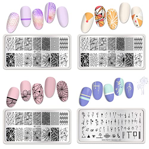 Born Pretty Nail Stamping Plates Set Plaid Flowers Leaves Lace Nail Art Image Plates Spring into Winter Stamp Templates Kit Image Manicuring DIY Printing Tools 8PCS