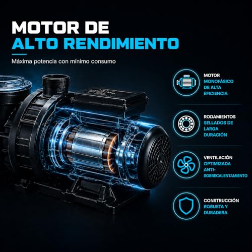 Miniatura 5 de Nix Pool Bomba Para Piscina Pro Max 50m Filtración 20400 L H, Motor De Alta Potencia, Prefiltro De Gran Capacidad, Compatible Con Espa Silen Antigua Y Espa Nox Bomba De Piscina 750 W