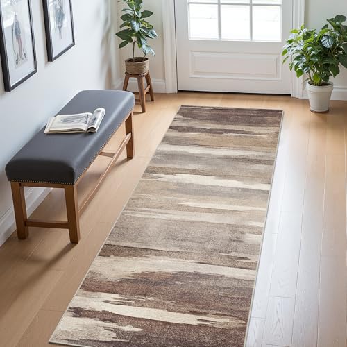 Runner Rug for Hallway Kitchen 2x6 Machine Washable Runners Rug for Entryway, Soft Modern Abstract Throw Rugs, Floor Carpet with Non Slip Rubber Backing, Mocha Brown