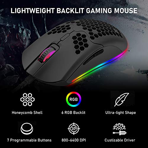 Wired Lightweight Gaming Mouse,6 Rgb Backlit Mouse With 7 Buttons Programmable Driver,6400Dpi Computer Mouse,Ultralight Honeycomb Shell Ultraweave Cable Compatible With Pc Gamers,Xbox,Ps4 (Black) #TOP1