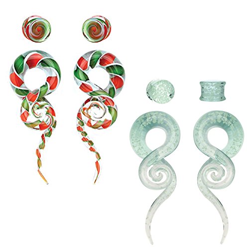BodyJ4You 8PCS 14mm Glass Tapers Glow in Dark and Candy Swirl Tapers and Plugs Set Ear Gauge Hangers