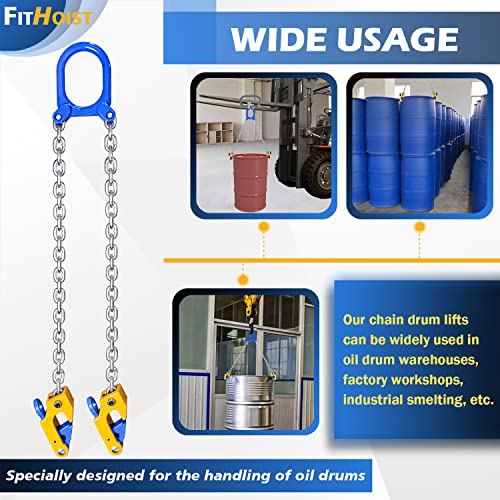 Fithoist Chain Drum Lifter | 2200 Lbs Vertical Drum Lifter Chain Sling | Drum Handling Equipment 1 Ton Capacity | Carbon Steel Hook With Built-In Spring | Fit For Metal Strap And Plastic Lid Drums #TOP6