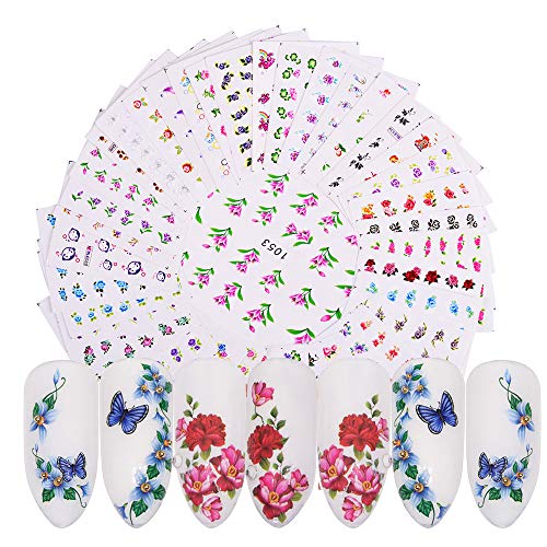 40 Sheets Nail Art Stickers Flower Butterfly Rose Water Transfer Decals DIY French Tips Beautiful Salon Sliders for Women Fingernails Toenails Decorations Manicure Tip Wraps Decor Accessories Set