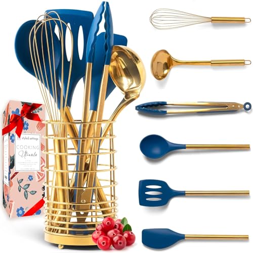 Gold and Navy Blue Kitchen Utensils 7 Piece Navy Blue Utensils Set Includes Gold Utensil