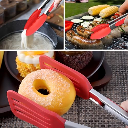 Image of YOMITH Stainless Steel Kitchen Tongs with Silicone Head, Nonstick Food Grade Cooking Tweezer Chimta for Buffet Multi Purpose Food Serving Tools (RED, 3 PCS Set)