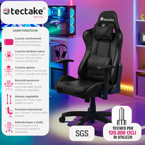 ® Poltrona da Ufficio Ergonomica, Sedia Gaming con Braccioli Imbottiti, Doppie Rotelle Resistenti, Struttura Robusta, Regolabile, Portata fino a 120 kg - Nero/Nero - Sedia gaming - Immagine 3