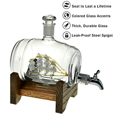 Bourbon Barrel Whiskey Decanter With Ship - 1000ml Liquor Dispenser - Sailing/Boating Gifts for Men and Women, Nautical Decor Retirement Gift (Tomoka Gold)