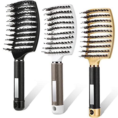 3 Pieces Curved Vented Boar Bristle Hair Brushes Fast Dry Detangling Hair Brush Fast Blow Detangling Hair Styling Brush for Women Men Wet Dry Curly Thick Straight Hair (Black, White, Gold)