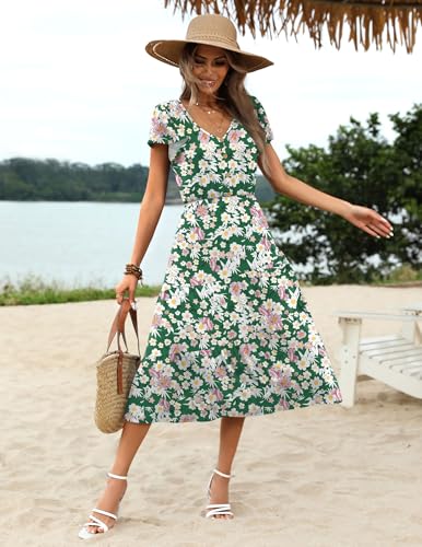 Image of Zeagoo Women's Summer Casual Dress Flutter Short Sleeve V Neck Button Down Tiered Flowy Long Dress with Pockets