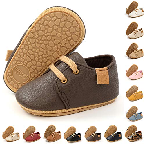 BENHERO Baby Boys Girls Oxford Shoes Soft Sole PU Leather Moccasins Rubber Sole Sneakers Anti-Slip Infant Toddler First Walkers Crib Dress Shoes Sneaker(6-12 Months Infant, A-Carbon Brown)