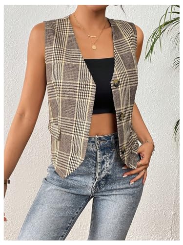 Milumia Women's Plaid Button Front Asymmetrical Hem Sleeveless Blazer Vest3