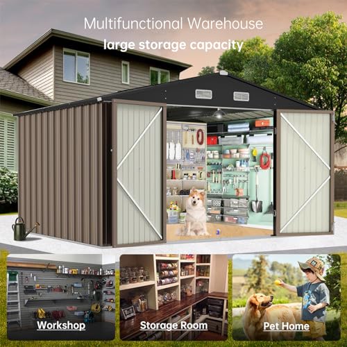 10x8 FT Metal Outdoor Storage Shed, Zstar Steel Utility Tool Shed Storage House with Lockable Door Design, Metal Sheds Outdoor Storage for Garden, Patio, Backyard, Outside Use, Brown