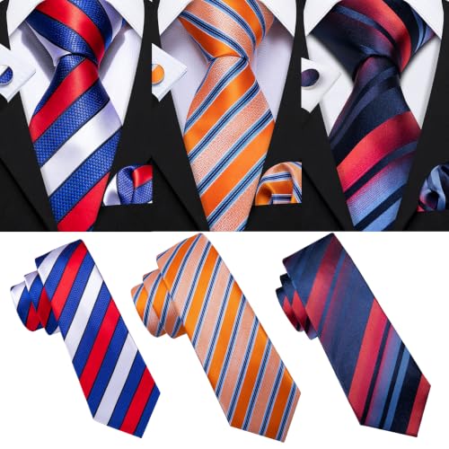 Image of Barry.Wang 6 PCS Men Ties Set Silk Business Fashion Woven Necktie Handkerchief Cufflinks Paisley Stripe Wedding Party