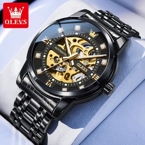 Image of OLEVS Mens Automatic Watch Skeleton Diamond Luxury Mechanical Self Winding Dress Wrist Watch Waterproof Luminous