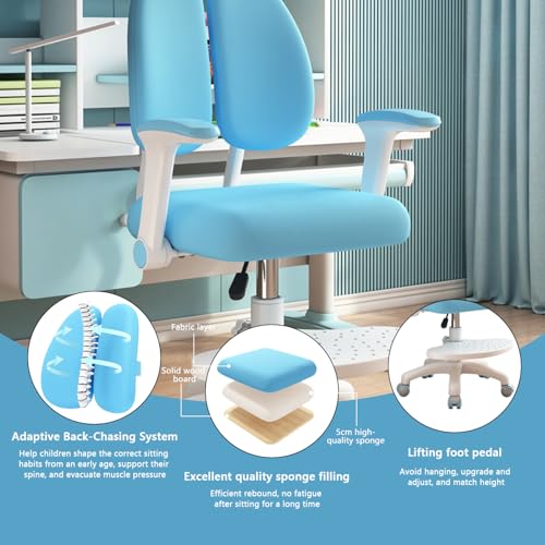 TAZZOR Silla de escritorio infantil, altura regulable con reposabrazos giratorios de 90° y reposapiés, silla giratoria ergonómica para niñas y niños, cómoda silla de aprendizaje para habitación - imagen 2
