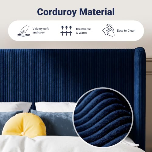 Image of Allewie Queen Size Platform Bed with Corduroy Wingback Headboard, Blue | 900 lb Capacity, Corduroy Wingback Headboard, Vertical Channel Design, Wood Slat Support, No Box Spring Needed, Easy Assembly
