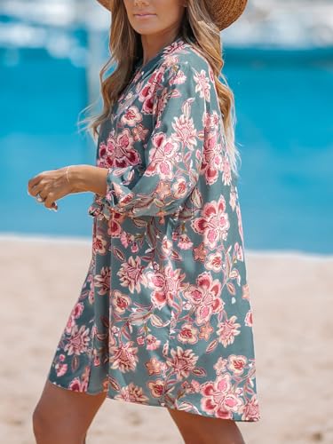 Image of CUPSHE Women Mini Summer Dress Cover Up Oversize Floral Shirt 3 /4 Sleeve Cuff Tie Button Down Beach Dresses Cover Up Top