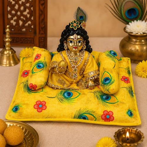 Laddu Gopal Aasan Gaddi seda artificial verde amarillo para Home Mandir 4