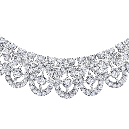 Image of Atasi International Silver Plated White Crystals American Diamonds Stylish Necklace Set with Earrings and Maang Tikka for Women and Girls | Stylish Jewellery for Party, Wedding and Festive Occasions (R6160)