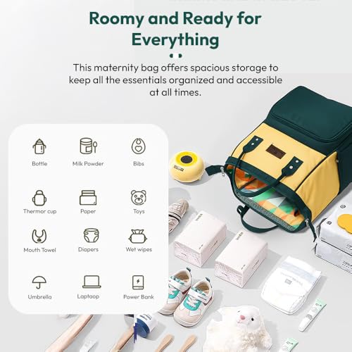 Image of StarAndDaisy Baby Bag for Mother Travel / 30L Lightweight Diaper Bag with 3 Insulated Bottle Pockets /Maternity Bag for Mother for Travel & Diaper Bag for Baby - Dark Green Yellow