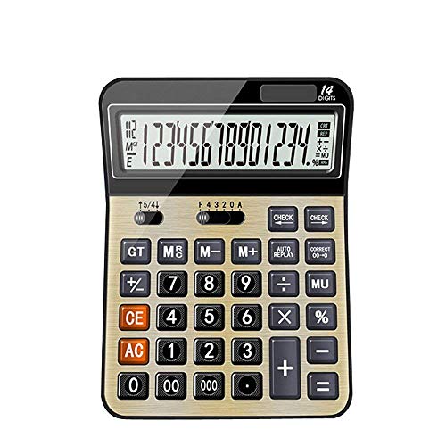 Calculator,Standard Function Basic Desktop Business Office Calculator,Solar and Battery Dual Power with Large 14-Digit LCD Display for Students,Supermarket (Gold)
