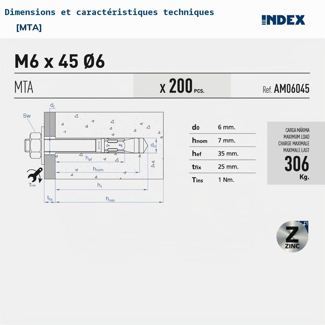 Index Fixing Systems MTA Lot de 50 fixations mâle pour charges élevées (zinguées), AM12180