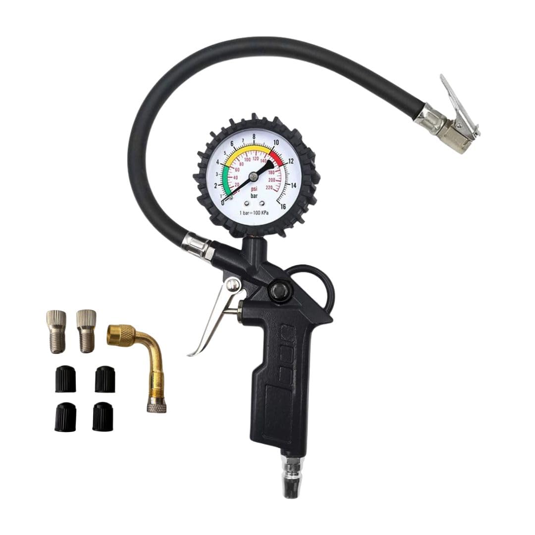 A.M.C. Pistola Gonfiaggio Pneumatici Professionale con Manometro Pressione tra 0-220 Psi e 0-16 Bar per Pressione Gomme di Auto Moto Camion e Biciclette