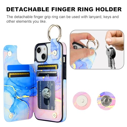 Image of HAOPINSH for iPhone 13 iPhone 14 Wallet Case with Card Holder, Pink Blue Marble Print Back Flip Folio PU Leather Kickstand Card Slots Case, Finger Grip Ring Double Magnetic Clasp Shockproof 6.1 inch