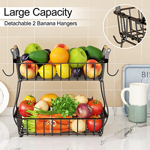 2 Tier Fruit Basket Bowl With 2 Banana Hangers For Kitchen Counter, Metal Countertop Fruits Produce Storage Basket Holder, Large Fruit Vegetable Stand Organizer For Bread Snack Veggies Potato, Black #TOP1