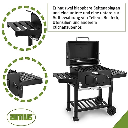 Amig - Holzkohlegrill, Fireplus Tragbarer Barbacue | Grill mit Rädern und Seitenablagen | Belüftungssystem und Aschebehälter | Stahlgrill 57 x 42 cm | Maße: 116,5 x 13,1 x 56 cm – Bild 6