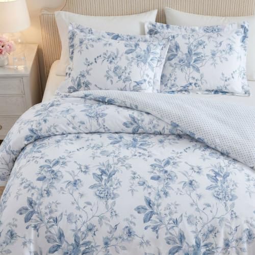 Image of Martha Stewart - King Comforter Set, 100% Silky Smooth Cotton Sateen Floral Bedding for Year Round Comfort, 3 Piece Bed Set with Matching Pillowcases (Songbird Blue)