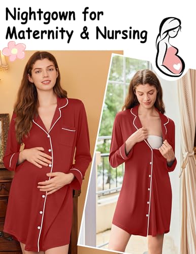 Image of Ekouaer Nightgowns for Women Long Sleeve Night Gown Button Pajama Dress
