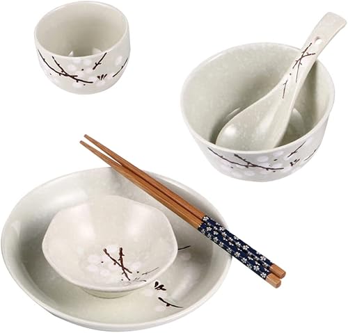 KICHOUSE Elegante vajilla de una sola persona estilo japonés vajilla conjunto 6pc cerámica tazón plato taza cuchara palillos