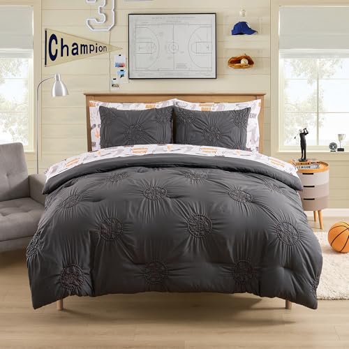 Image of Basketball Pintuck Comforter Set Full Size - Bed in a Bag with Sheets, Pillowcases & Shams - Soft Stylish Sports Bedding - All Season Boys Basketball Bed Set
