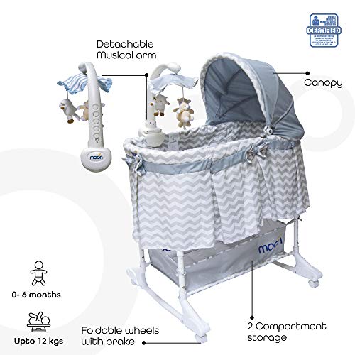 مهد سوفي قابل للطي 4 في 1 للأطفال حديثي الولادة، سرير هزاز مع موبايل موسيقي دوار مع ألعاب - 4 ارتفاعات قابلة للتعديل، مظلة متعددة الأوضاع من ذا مون، لون رمادي فاتح