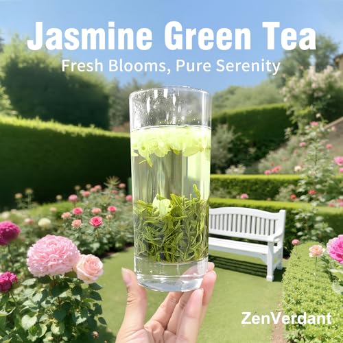Image of ZenVerdant Jasmine Green Tea, 12 Oz, 100+ Cups - Real Jasmine Flowers | Not Artificial Flavoring Naturally Low in Caffeine Floral & Fragrant Perfect for Relaxation & Evening Tea