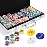 Set da poker professionale: include 300 fiches di peso professionali (in tagli da 1, 5, 10, 25, 100, 500 e 1000), un mazzo di carte, un pulsante dealer, un pulsante di scommessa, cinque dadi e istruzioni, perfetto per Texas Hold'em e altri tornei