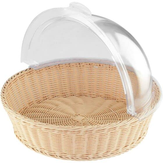 Shoppers Hub PNQ Multipurpose Heavy Polyratten Woven Bread Fruit Vegetable Snacks Basket with Polycarbonate Roof Roll Top Lid for Storage (Basket Size 15 Inch Diameter with 4 Inch Height Approx)
