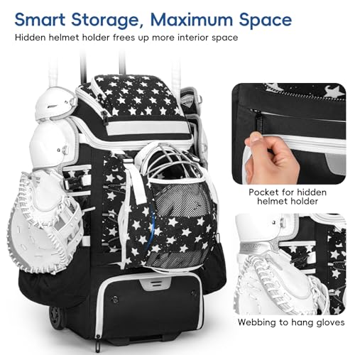 KAVIGOR Catchers Gear Bag with Wheels, 90L Rolling Baseball/Softball Bag Holds 2 Sets of Gear with Glove Compartment, Helmet Holder & Shoe Compartment