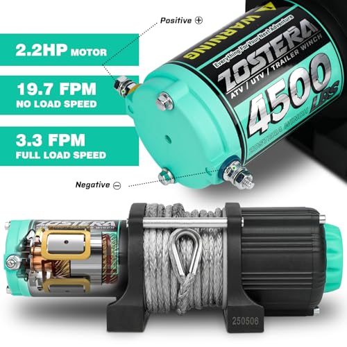 Image of 4500lbs ATV /UTV Winch with Synthetic Rope, Electric Boat Trailer Winch 12V, Waterproof Winch with 2 Wireless Remotes &Wired Switch,with Mounting Plate,Aluminium Fairlead