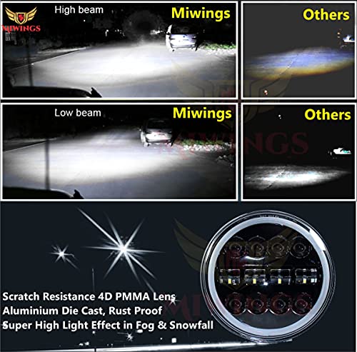 Image of Miwings 7 inch Round LED 4DR8CB Hi /Low Beam Amber & White Headlight 75W H4 Compatible with Royal Enfield, Jeep, Thar, motorcycle, Cars, Harley Davidson