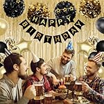 Birthday Decorations for Men Women, Gold and Black Party Decorations, Happy Birthday Banner with Black Gold Balloons Pom Poms Confetti Foil Fringe Curtains, Men Golden Party Decorations - Image 3