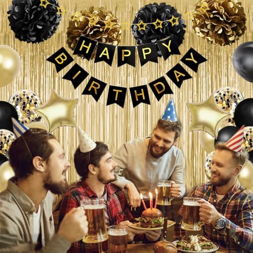Birthday Decorations for Men Women, Gold and Black Party Decorations, Happy Birthday Banner with Black Gold Balloons Pom Poms Confetti Foil Fringe Curtains, Men Golden Party Decorations by Amaoball - Used condition - Image 3