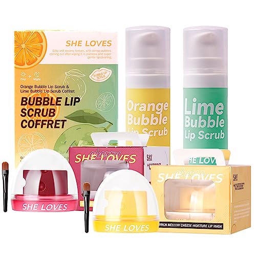 CHSEEO 4 Piezas Labio Cuidado Set de Regalo, 2 Bálsamos Labiales de Queso y Cereza y 2 Exfoliantes Labiales, Juego de Bálsamo Labial para Niñas y Mujeres, Mascarilla de Noche para Labios Secos